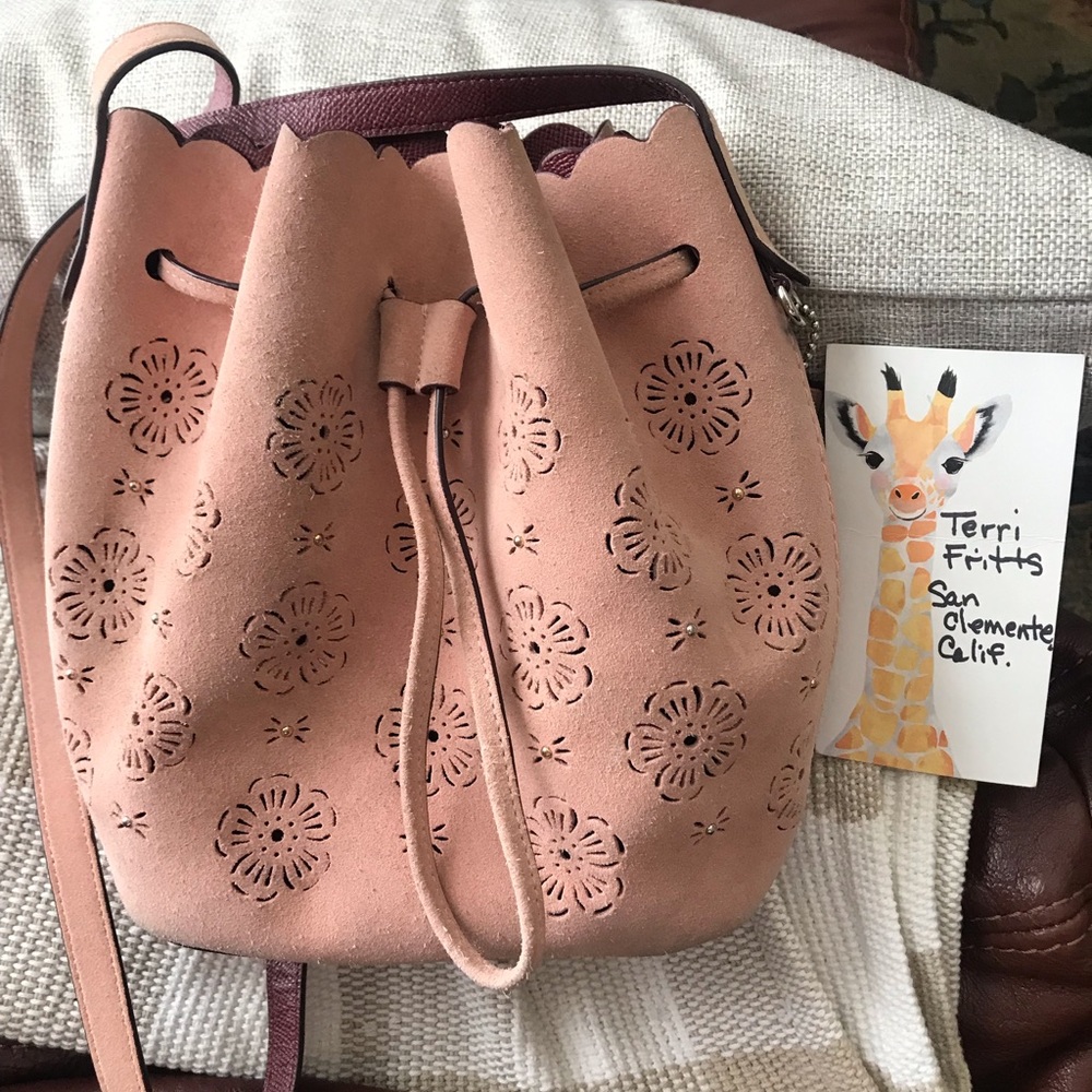 COACH Peony Pink Suede Bucket w/tea rose cutouts